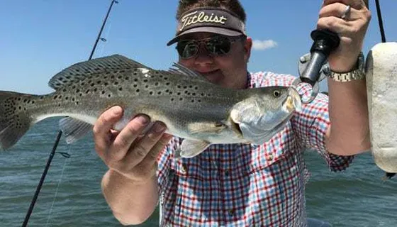 Angler holding a large speckled trout on an inshore fishing charter